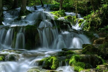 Scenic view of a waterfall cascading down the mossy rocks in a forest