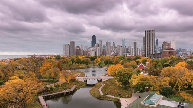 Chicago Lincoln park zoo lagoon aerial view during autumn