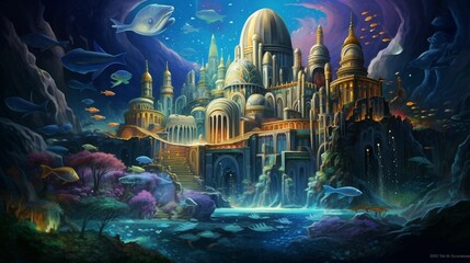 AI generated illustration of An underwater landscape featuring a majestic castle