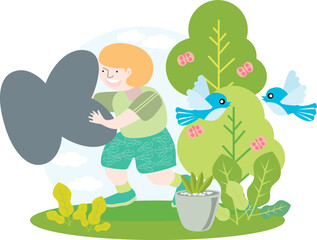 a child holding the English alphabet letter K with blue sky and beautiful green environment with birds on trees and butterflies and green plants