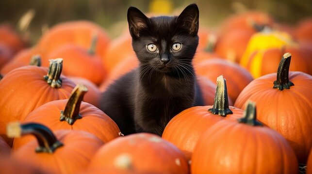 a black cat sits among small pumpkins on the field