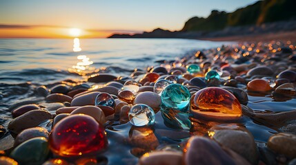 AI generated illustration of a vibrant display of multi-colored glass stones in a beach - obrazy, fototapety, plakaty