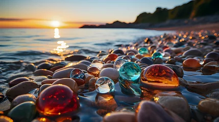 Fotobehang AI generated illustration of a vibrant display of multi-colored glass stones in a beach © Wirestock
