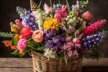 AI generated basket arrangement of freshly cut flowers