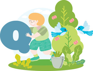 Naklejka premium a child holding the English alphabet letter Q with blue sky and beautiful green environment with birds on trees and butterflies and green plants