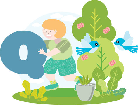 a child holding the English alphabet letter Q with blue sky and beautiful green environment with birds on trees and butterflies and green plants
