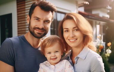 A young family with child stand against the backdrop of a new country house, smiling and looking at the camera