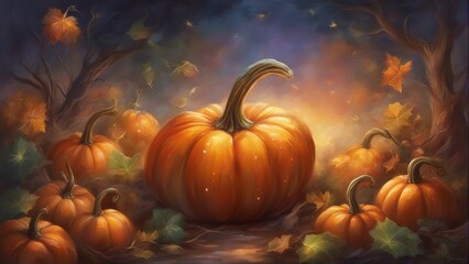 AI generated illustration of pumpkins arranged on the ground in front of majestic trees