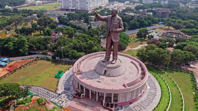 Big 125-ft tall bronze statue of Dr B R Ambedkar near NTR Marg at hyderabad, telangana aerial drone shot 4k