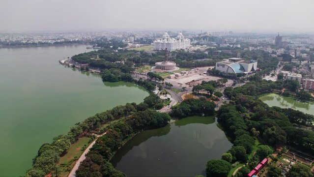 NTR marg near tankbund at hyderabad, telangana with  Ambedkar Statue, secretariate, and prasads multiplex  4k daytime aerial push in  drone shot