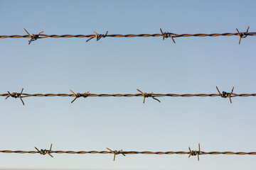 A barbed wire fence with a pale blue sky background, three barbed wires stretching horizontally across the image, with sunlight highlighting the wires.