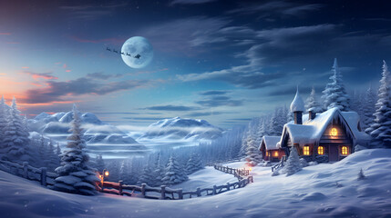 beautiful snowy landscape of Santa Claus's house at the north pole and in the background flying on his sleigh under the moonlight - obrazy, fototapety, plakaty