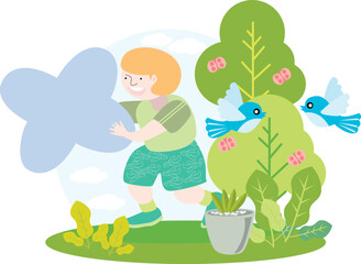a child holding the English alphabet letter X with blue sky and beautiful green environment with birds on trees and butterflies and green plants