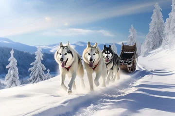 Fotobehang team of husky sled dogs diligently pulls a sled through the pristine and expansive Arctic mountain terrain. Shallow field of view focuses on this awe-inspiring scene. Generative AI. © Surachetsh