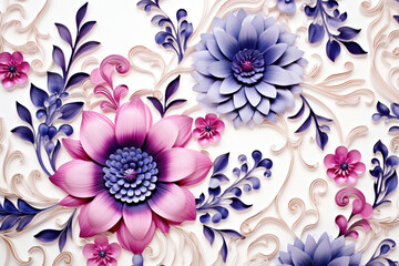 Blue red flower pattern on white background, illustration generated by AI 