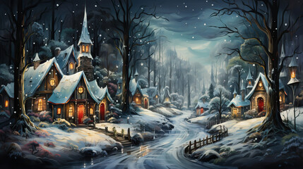 Magical Winter Forest with cabins with enchanting trees adorned with twinkling lights and colorful ornaments Generative AI