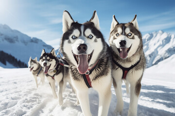 team of husky sled dogs diligently pulls a sled through the pristine and expansive Arctic mountain terrain. Shallow field of view focuses on this awe-inspiring scene. Generative AI.