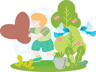 a child holding the English alphabet letter Y with blue sky and beautiful green environment with birds on trees and butterflies and green plants