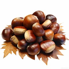 AI generated illustration of hazelnuts scattered on an oak leaf on a white background