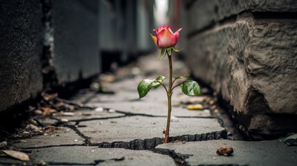 AI generated illustration of a rose blooming from crack in a grey concrete pavement