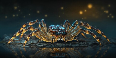 AI generated illustration of a small arachnid spider on stones in a tranquil body of water
