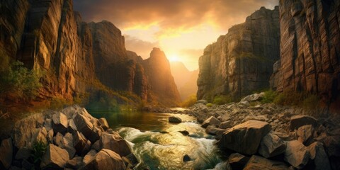 AI generated illustration of a majestic waterfall cascading through a rocky canyon at sunset - obrazy, fototapety, plakaty