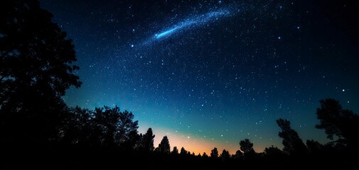 AI generated illustration of a night sky illuminated by a multitude of stars against a lush forest