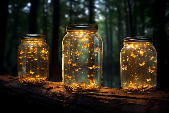 Magical tiny glowing butterflies in glass jars