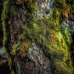 the moss is growing on the bark of a tree in the forest