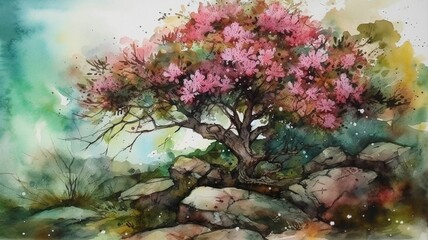Naklejka na ściany i meble AI generated illustration of a tree with pink blossoms against a colorful watercolor background