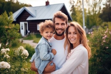 A young family with child stand against the backdrop of a new country house, smiling and looking at the camera