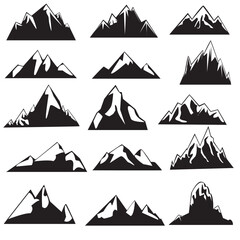 Mountain silhouette set of 15. Rocky mountains icon or logo collection. Vector illustration.