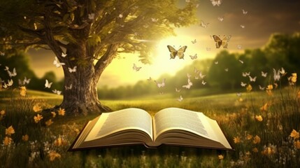 AI generated illustration of a book open on a lush grassy lawn, beneath a majestic and butterflies