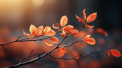 AI generated illustration of orange leaves on a branch of a tree in autumn