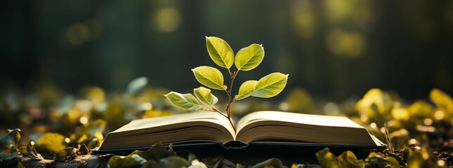 AI generated illustration of a close-up of a book with lush green foliage sprouting out of it