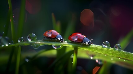 AI generated illustration of two ladybugs on a lush green grass field with glistening water droplets
