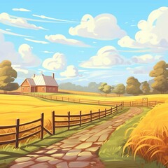AI generated illustration of a rural farm scene with a house in the background