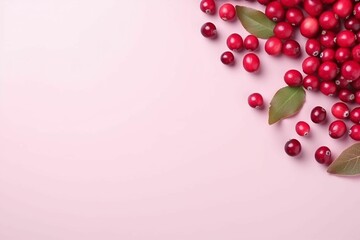 AI generated illustration of a pink background with fresh cranberries and leaves with a copy space