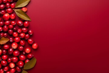 AI generated illustration of a red background with fresh cranberries and leaves with a copy space