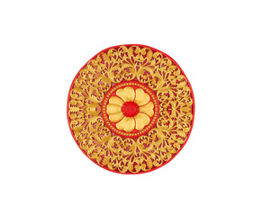 Carving flower gold texture in circle seamless patterns on red wood wall  for decorative isolated white background , clipping path