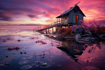 Fototapeta premium AI generated illustration of An idyllic landscape illuminated by the soft light of a sunset