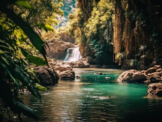 Waterfall cascading down a rocky terrain, surrounded by lush green vegetation, AI-generated.