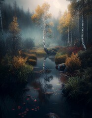AI generated illustration of a calm river in an autumn forest