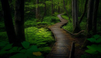 Obraz premium AI generated illustration of a wooden path in a green forest