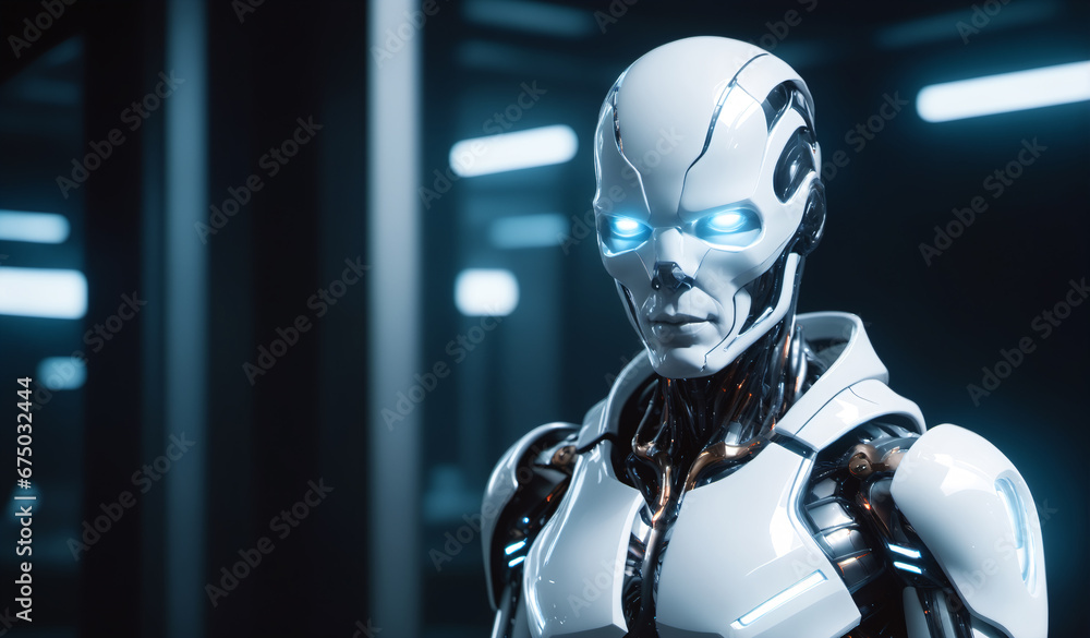 Poster futuristic ai robot standing confidently; ideal for tech presentations.