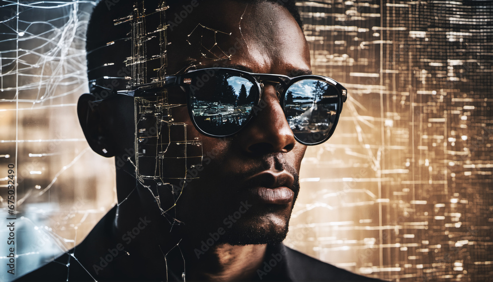 Poster ceo in augmented reality glasses merging real-world financial data with virtual charts and projectio