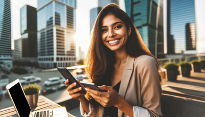 Latinx worker multitasking on terrace, city skyscrapers distant. Sun warms her face.