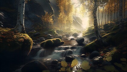 AI-generated illustration of a small stream in the forest.