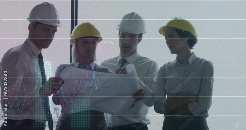 Poster animation of financial data processing over diverse architects with plans in office