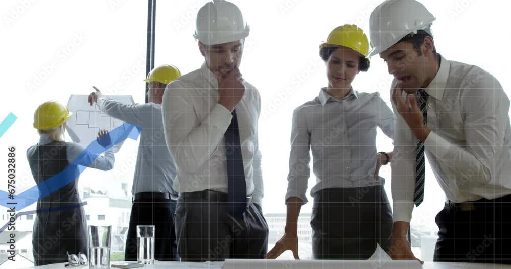 Aufkleber animation of financial data processing over diverse architects with plans in office